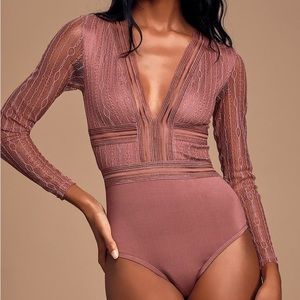 Casita Mauve Pink Sheer Lace Long Sleeve Bodysuit